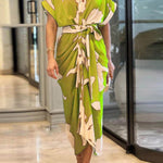 Elasticated Waist High Waisted Buttoned Pleated Solid Color Split-Joint Tied Waist Lapel Maxi Dresses Shirt Dress