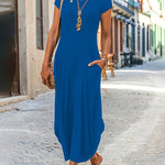 A-line Loose Pockets Solid Color Split-Joint Round-neck Midi Dresses