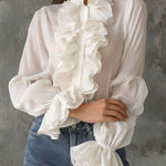Retro Romantic High Neck White Ruffled Chiffon Blouse