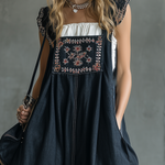 Retro Bohemian Embroidered Suspender Dark Blue Maxi Dress