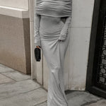 Long Sleeves Skinny Pleated Solid Color Split-Joint Off-The-Shoulder Evening Dresses Maxi Dresses
