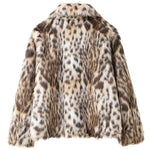 Leopard Print Faux Fur Turndown Collar Fuzzy Coat-Brown