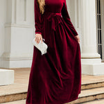 Long Sleeves Wrap Belted Pleated Solid Color Zipper Round-Neck Maxi Dresses