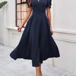 A-Line High Waisted Pleated Solid Color Zipper V-Neck Maxi Dresses