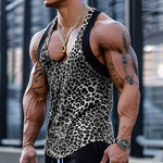 Men's Sexy U-Neck Leopard Print Cotton Blend Patchwork Tank Top