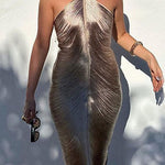 Margovil Chicest Halter Draped Fringe Maxi Party Dress