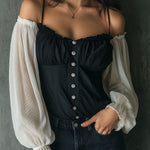 Retro Black Corset Blouse With Contrast Chiffon Sleeves