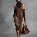Women's Retro Simple Suede U-Neck Sleeveless Tank Midi Dress
