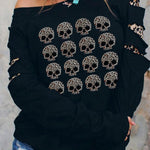 Black Leopard Peek-a-Boo Sleeve Skull Graphic Sweatshirt