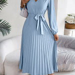 High Waisted Long Sleeves Belted Buttoned Pleated Solid Color V-Neck Maxi Dresses