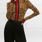 Long Sleeves Skinny Contrast Color Leopard High Neck T-Shirts Tops