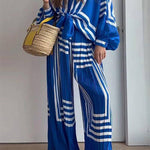 Casual Striped Print Patchwork V Neck Long Sleeve Two Pieces