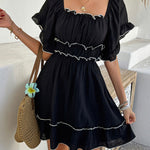 A-line High Waisted Elasticity Pleated Ruffle Trim Solid Color Square-neck Mini Dresses