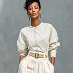 Women's Fashion Cotton And Linen Blend Crew Neck Long Sleeve Shirt Loose Trousers Set