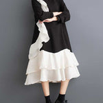 A-Line Long Sleeves Contrast Color Pockets Ruffle Trim Split-Joint V-Neck Midi Dresses