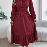 A-Line Elasticated Waist Pleated Solid Color Round-Neck Maxi Dresses
