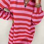 Casual Stripe Pocket Patchwork Contrast Turndown Collar Long Sleeve Dresses