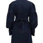 A-Line Long Sleeves Buttoned Pleated Split-Joint Tied Waist Mock Neck Mini Dresses