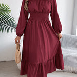 A-Line Elasticated Waist Pleated Solid Color Round-Neck Maxi Dresses
