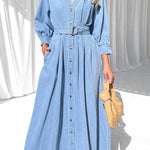 Waist casual button-down denim maxi dress