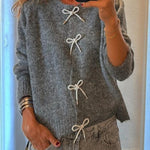 Paris Mornings Knit Front Bow Design Long Sleeve Relaxed Cardigan