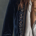 Vintage Navy Polyester Velvet Embroidered Long Jacket
