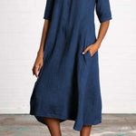 Round Neck Half Sleeve Long Solid Color Casual Cotton Linen Dress