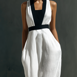 Women's White Linen Blend Maxi Dress With Black Contrasting Paneling