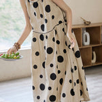 Loose Sleeveless Contrast Color Pleated Polka-Dot Split-Joint Tied Waist Round-Neck Midi Dresses