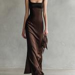 Women's Vintage Black And Brown Satin Square-neck Patchwork Sleeveless Midi Dress