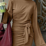 A-Line Bodycon Pleated Solid Color Tied Waist Zipper Round-Neck Mini Dresses