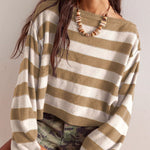 Striped Print Crew Neck Long Sleeve Loose Knitted Sweater