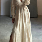 Casual V-neck Slit Cotton and Linen Dress
