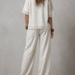 Chic Linen Striped Blouse & Straight-leg Pants Set With Lace Trim