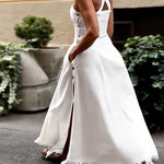A-Line High Waisted Buttoned Pleated Pockets Solid Color Split-Side Tasseled Square-Neck Maxi Dresses