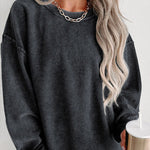Solid Ribbed Round Neck Pullover Sweatshirt