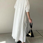 Loose Puff Sleeves Pleated Split-Joint Zipper Stand Collar Maxi Dresses Shirt Dress