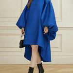 Batwing Sleeves High-Low Pleated Solid Color Split-Joint Round-Neck Midi Dresses