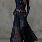 Vintage Patchwork Suede Maxi Dress With Plaid Panels