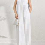 Loose Sleeveless Hollow Pleated Pockets Solid Color Halter-Neck Maxi Dresses