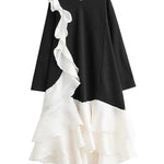A-Line Long Sleeves Contrast Color Pockets Ruffle Trim Split-Joint V-Neck Midi Dresses