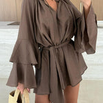 Molly Linen Blend Tiered Bell Sleeve Tie-up Cover-up Mini Dress