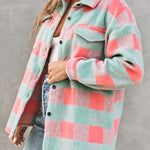 Pink Plaid Colorblock Casual Oversized Jacket