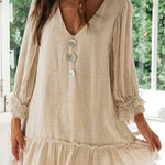 Loose Long Sleeve Ruffle Hem Cotton Linen Dress