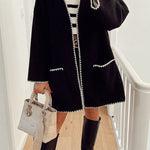 British Style Elegant Solid Pocket Contrast V Neck Outerwear