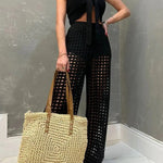 Riley Knit Front Knotted Bandeau and Stretch Hollow Out Wide Leg Pants Set