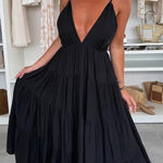 Bohemian Style V-neck Backless Slip Layered Vacation Maxi Dress