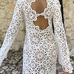 Island Break Crochet Flower Pattern Long Sleeve Backless Vacation Maxi Dress