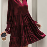 A-Line Long Sleeves Pleated Solid Color Velvet V-Neck Mini Dresses