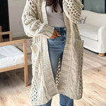 Knit Cable Cotout Long Sleeve Pocket Oversized Midi Cardigan
